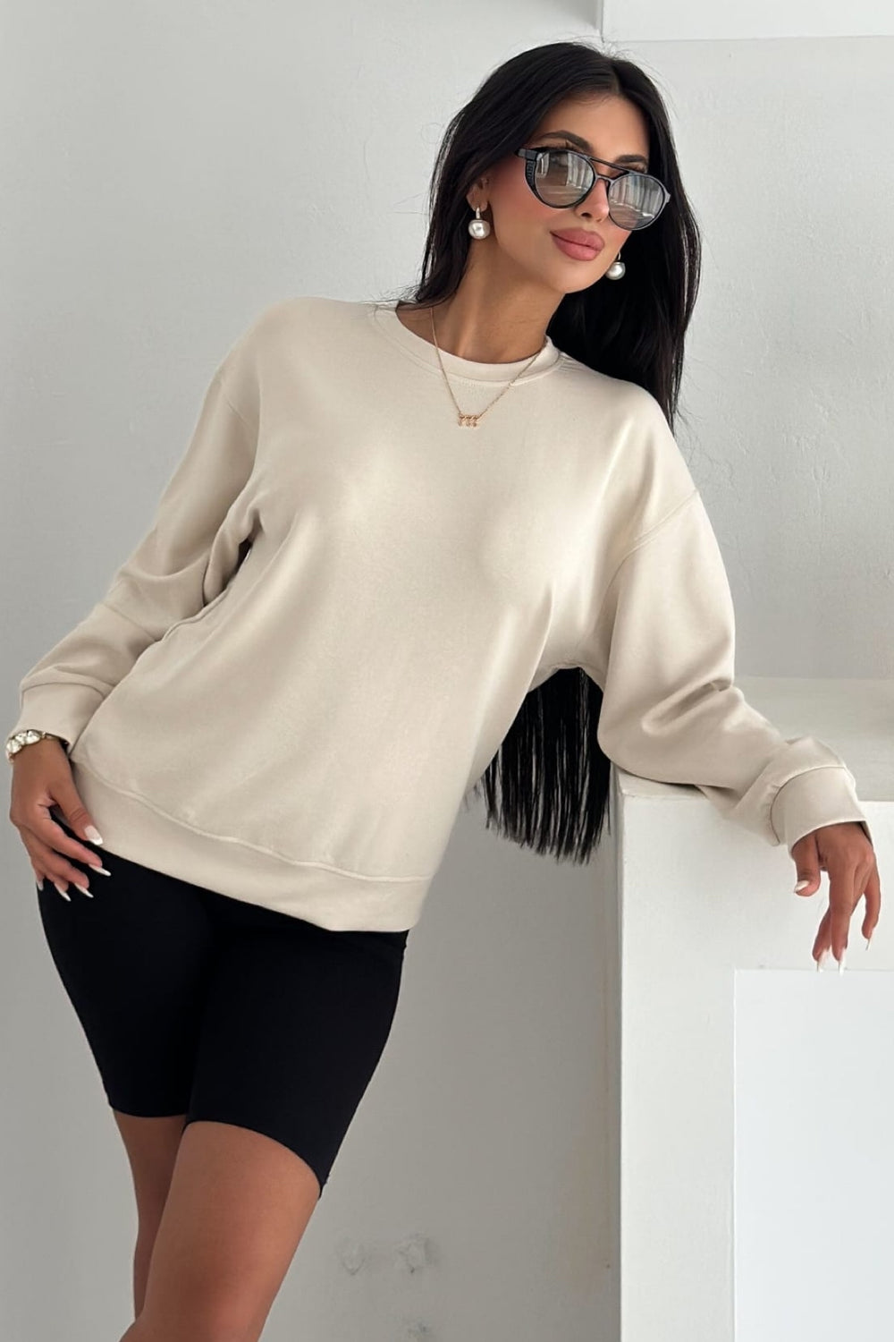 Modal Kumaş Basic Sweatshirt - Bej