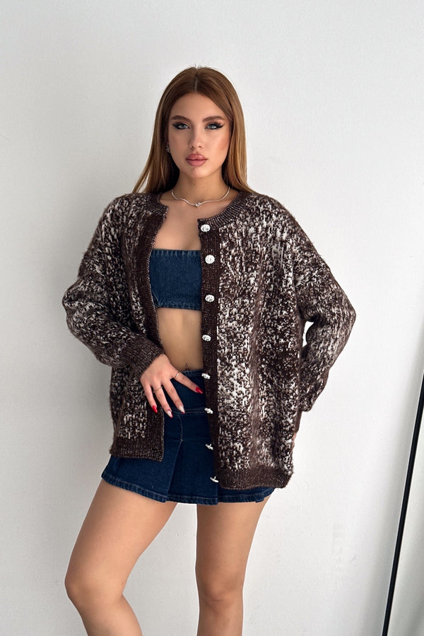 Standart Beden Düğme Detaylı Oversize Triko Hırka - Kahverengi