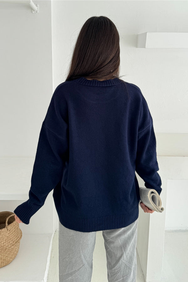 Kadın Standart Beden Oversize Basic Triko Kazak - Lacivert