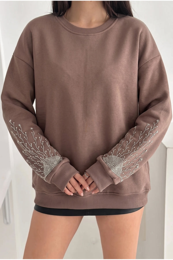 Kolları Boncuk Ve Taş İşlemeli %100 Pamuk Sweatshirt - Kahverengi