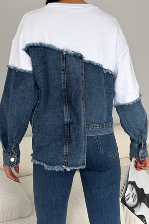 Asimetrik Düğmeli Kot Detaylı Tasarım Sweatshirt - Beyaz
