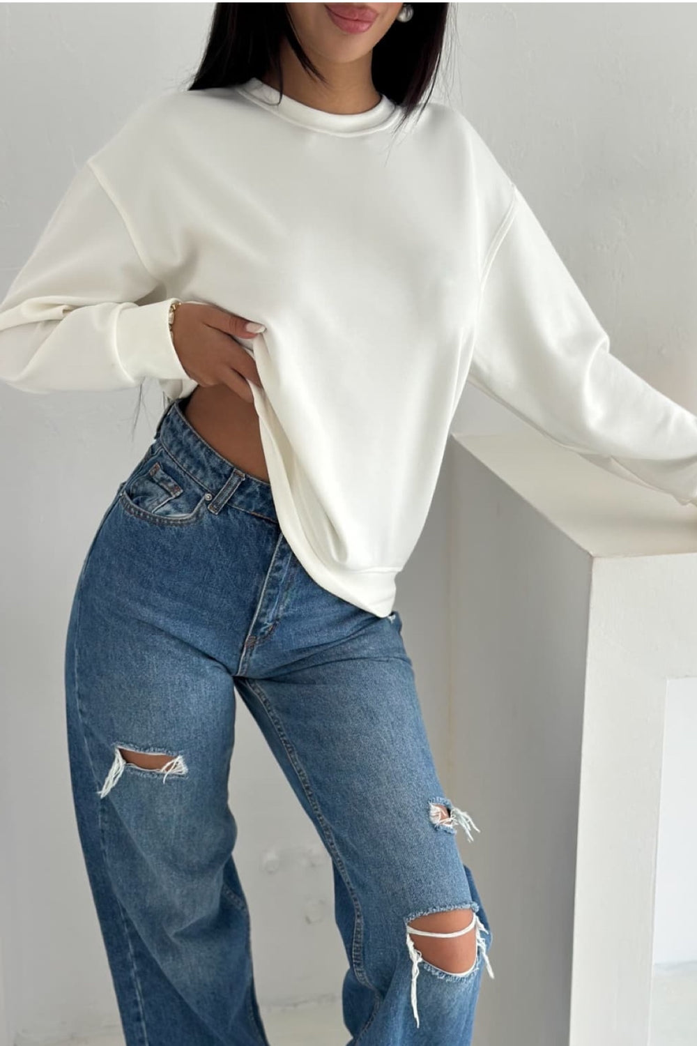 Modal Kumaş Basic Sweatshirt - Beyaz