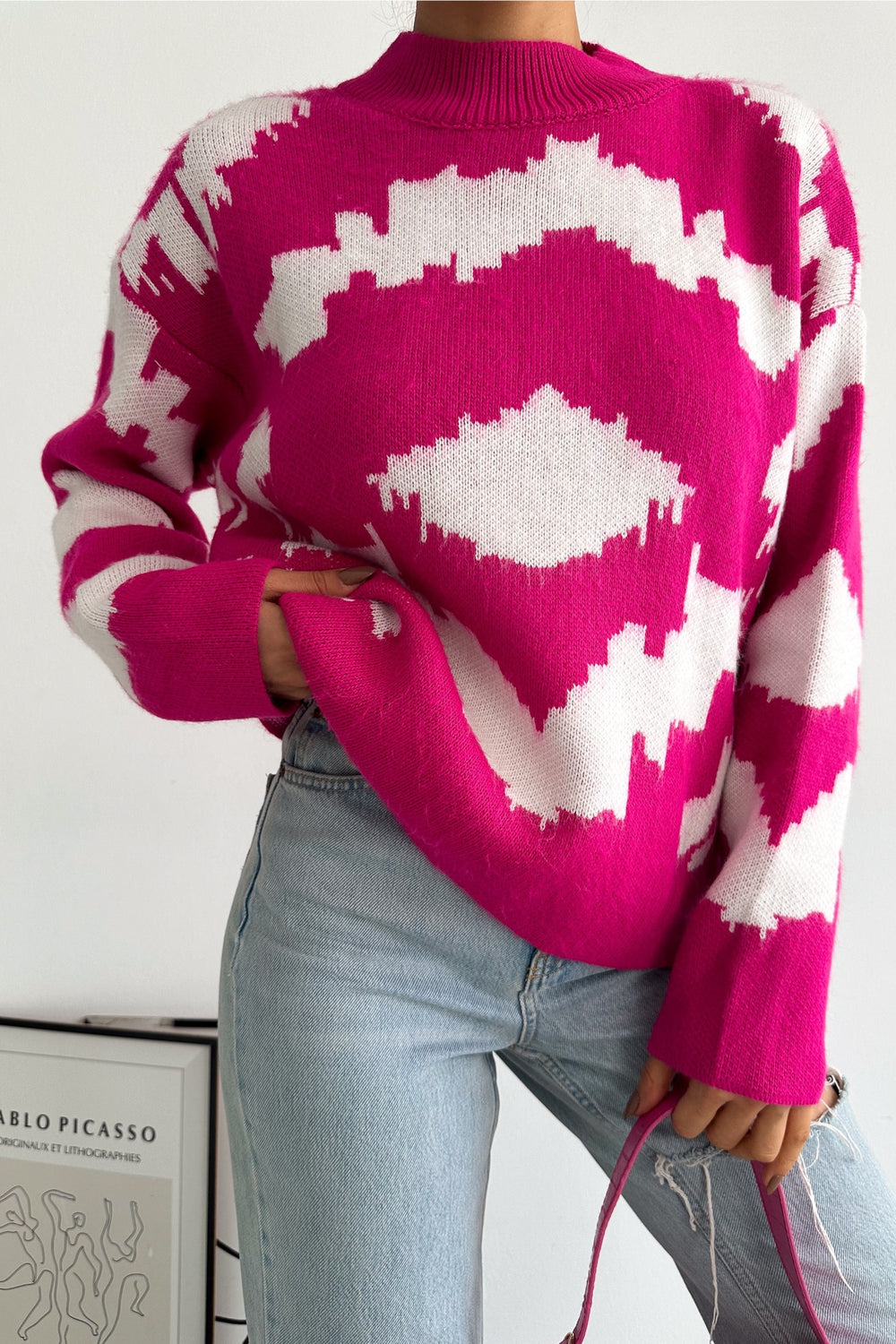 Kadın Standart Beden Oversize Triko Kazak - Pembe