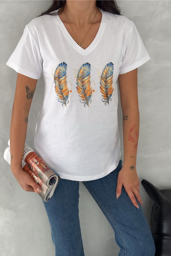 Kadın V Yaka 3 Tüy Pul Payet İşlemeli %100 Pamuk T-Shirt - Beyaz
