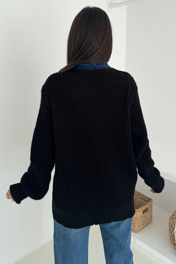 Kolları Ve Sırtı Triko Kot Denim Oversize Hırka Cepli Standart Beden - Siyah