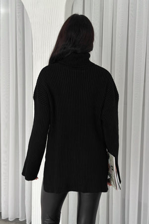Kadın Standart Beden Basic Boğazlı Oversize Triko Kazak - Siyah