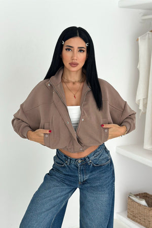 Kadın Fermuarlı Düğmeli Modal Kumaş Premium Crop Ceket - Kahverengi