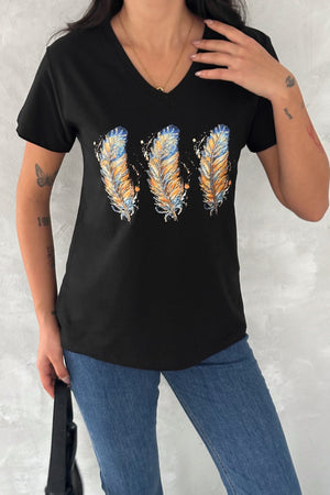 Kadın V Yaka 3 Tüy Pul Payet İşlemeli %100 Pamuk T-Shirt - Siyah