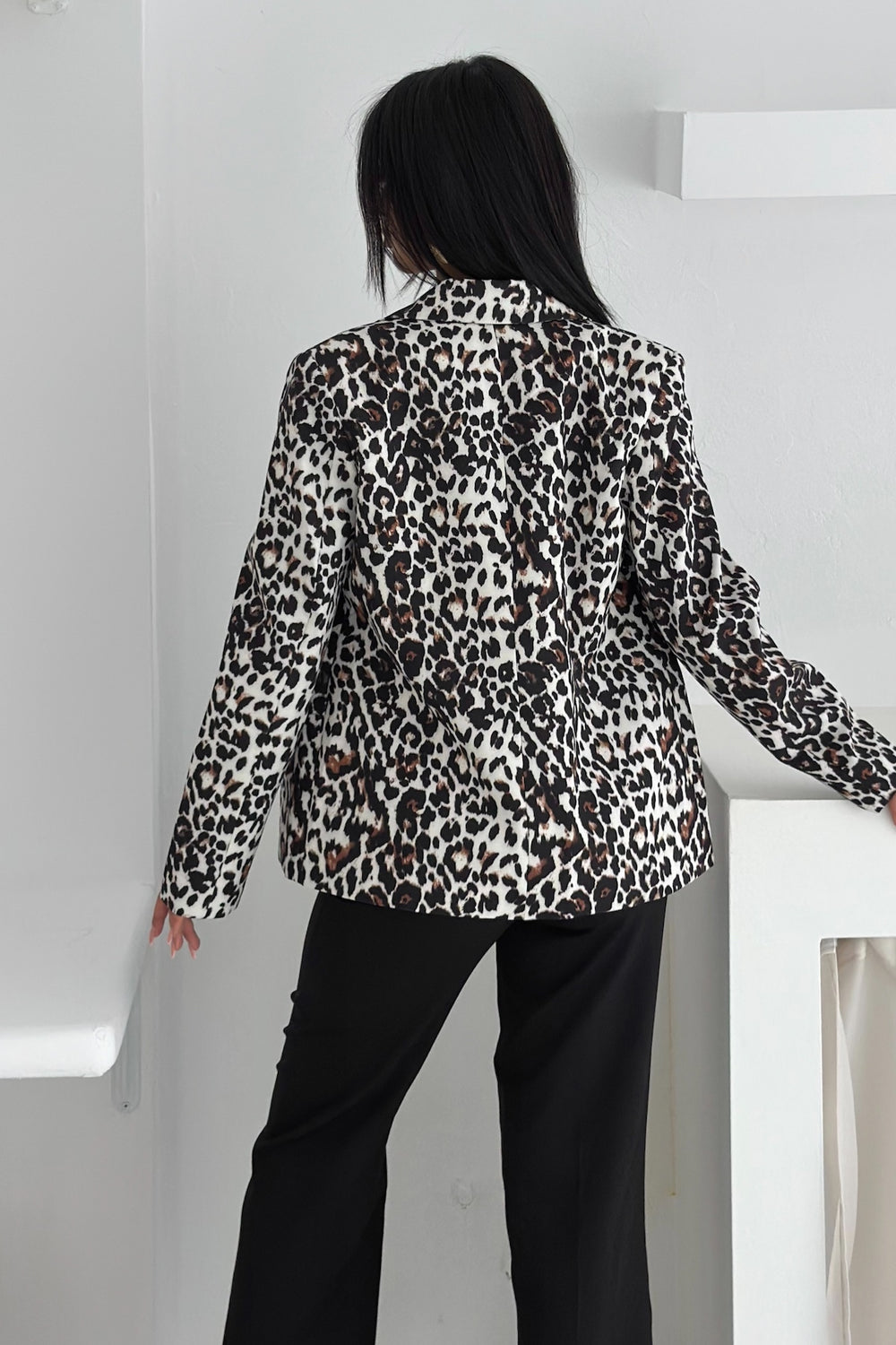Leopar Desenli Blazer Ceket Vatkalı İçi Astarlı - Gri