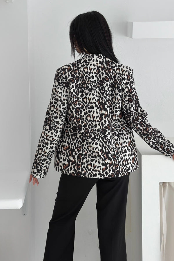 Leopar Desenli Blazer Ceket Vatkalı İçi Astarlı - Gri