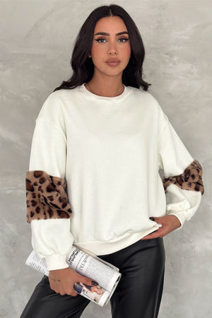 Kadın Kolları Leopar Detaylı İçi Pamuklu Oversize Sweatshirt - Beyaz