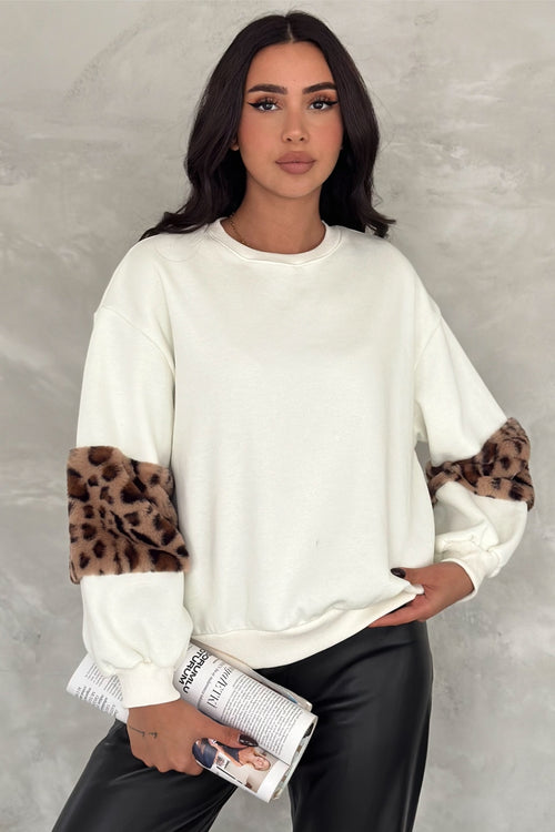 Kadın Kolları Leopar Detaylı İçi Pamuklu Oversize Sweatshirt - Beyaz