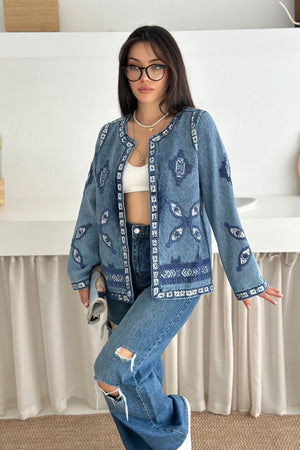Etnik Desenli Pul Payet Nakışlı Denim Kot Ceket Vintage Bohem Tarz - Mavi