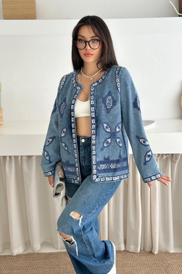 Etnik Desenli Pul Payet Nakışlı Denim Kot Ceket Vintage Bohem Tarz - Mavi