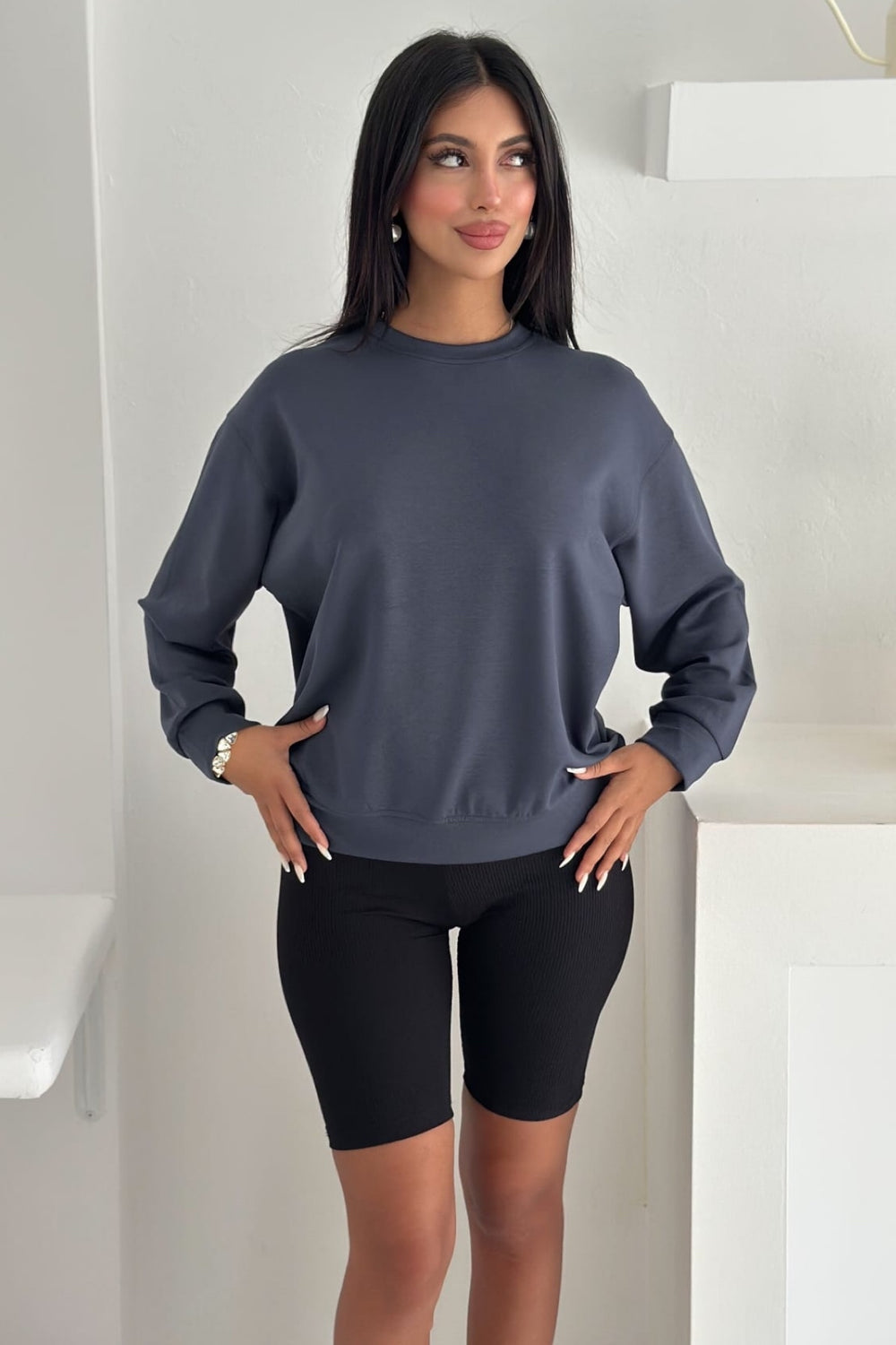 Füme Modal Kumaş Basic Sweatshirt - Gri