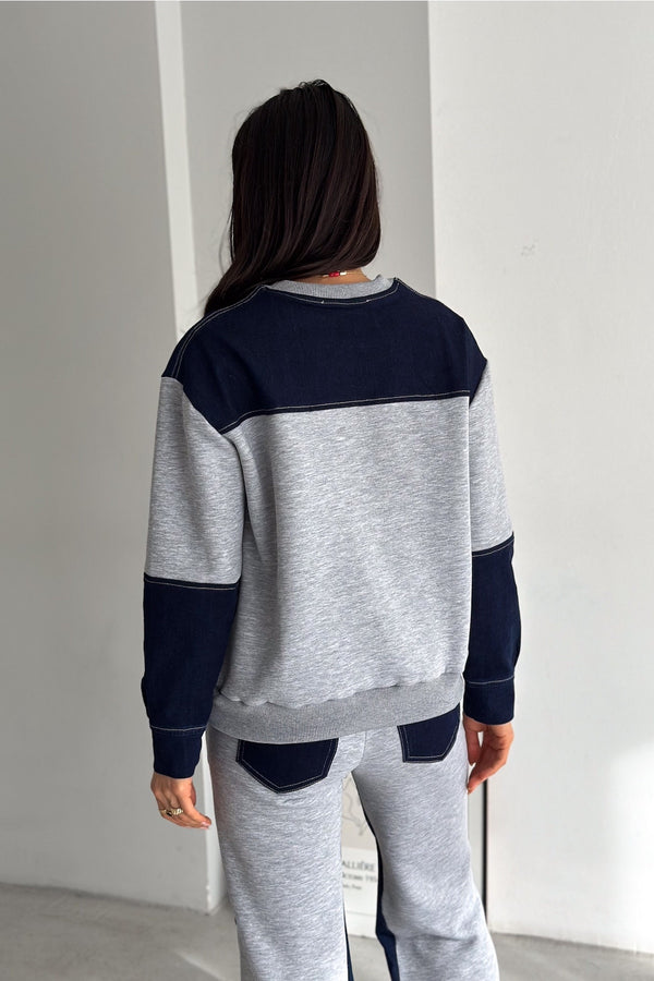 Beli Lastikli Denim Alt-Üst Takım - Gri