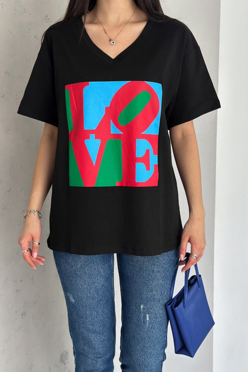 Kadın Love Baskılı Pamuk Tişört - Siyah