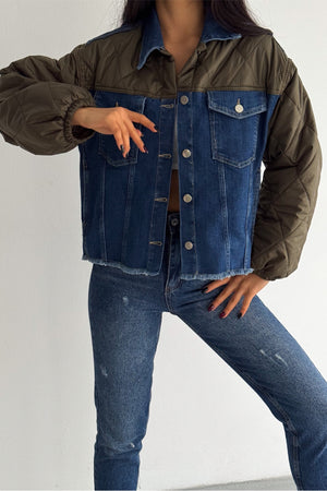 Kapitone Garnili - Denim Kot Mont - Haki