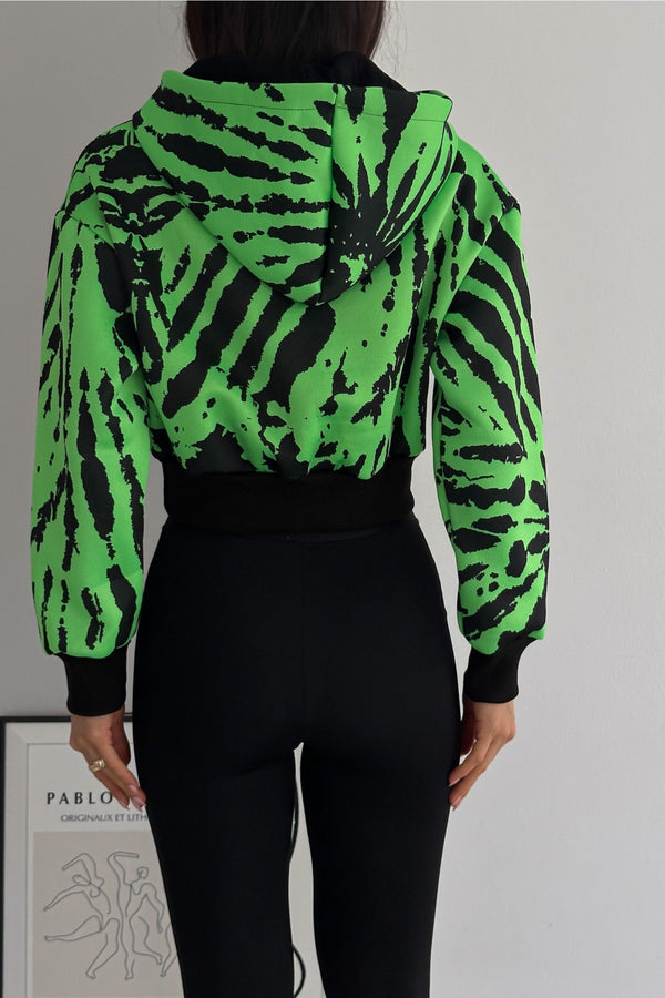 Kapüşonlu Kanguru Cepli Renkli 3 İplik Şardonlu Crop Sweatshirt - Yeşil