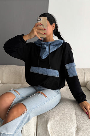 Kot Garnili Kapüşonlu Tasarım Sweatshirt - Siyah