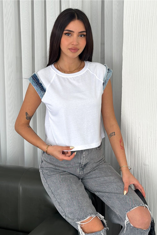 Kadın Kolsuz Kot Detaylı %100 Pamuk T-shirt - Beyaz
