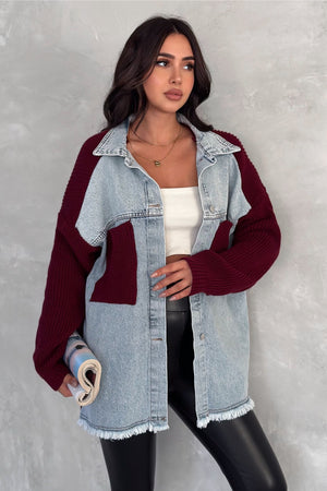 Kadın Kolları Ve Cebi Trikolu Oversize Denim Kot Garnili Hırka - Bordo