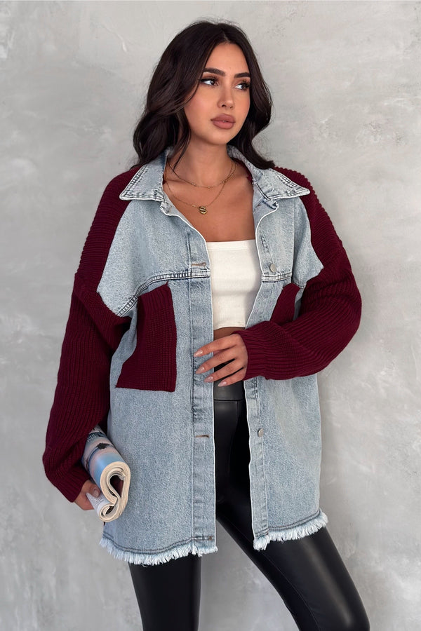 Kadın Kolları Ve Cebi Trikolu Oversize Denim Kot Garnili Hırka - Bordo
