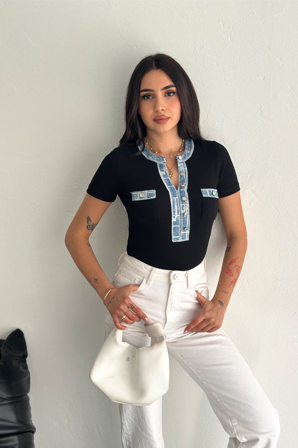 Kadın Kot Detaylı Pul Payet İşlemeli %100 Pamuk Kısa Kol Triko Bluz - Siyah