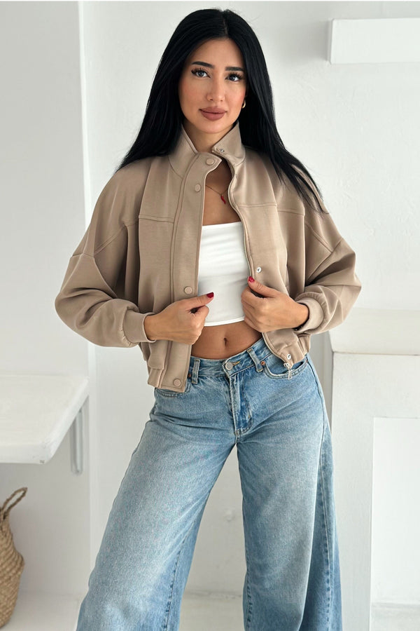 Kadın Fermuarlı Düğmeli Modal Kumaş Premium Crop Ceket - Taba