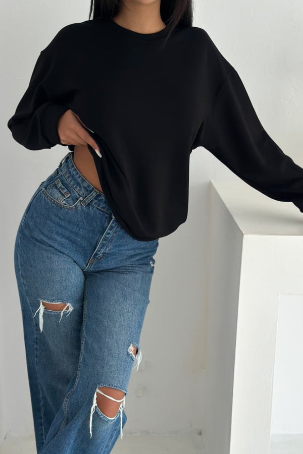 Modal Kumaş Basic Sweatshirt - Siyah