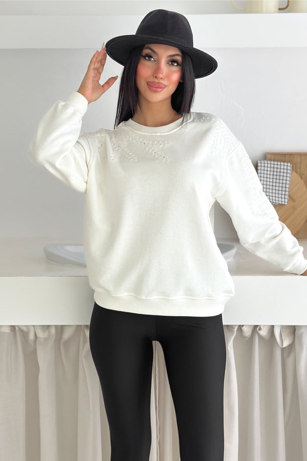 Boncuk Ve Pul İşlemeli %100 Pamuk Sweatshirt - Beyaz