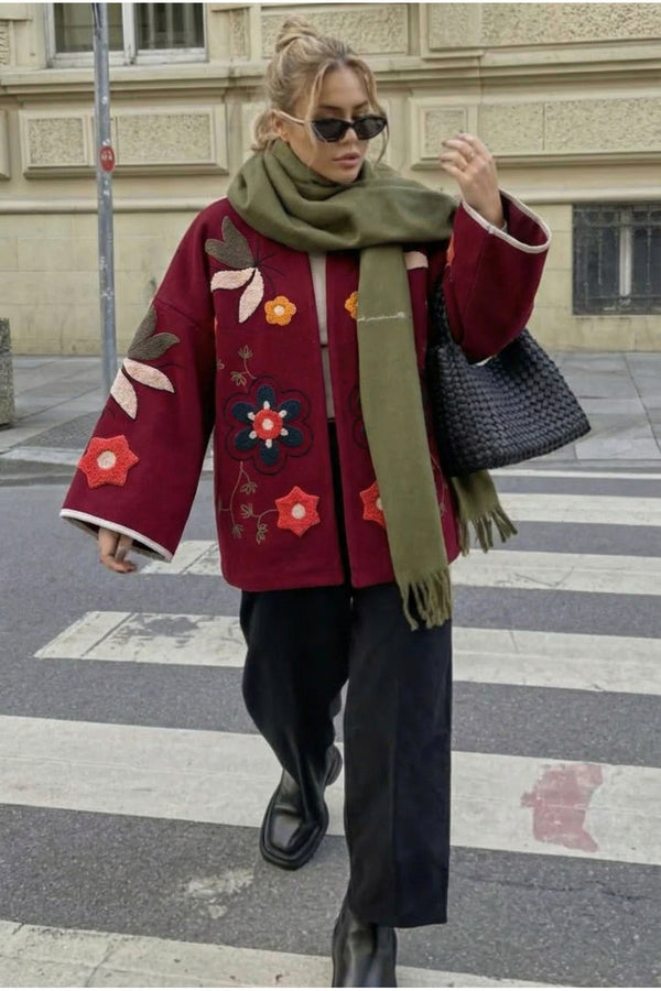 Nakış İşlemeli Vintage Kaşe Ceket - Bordo