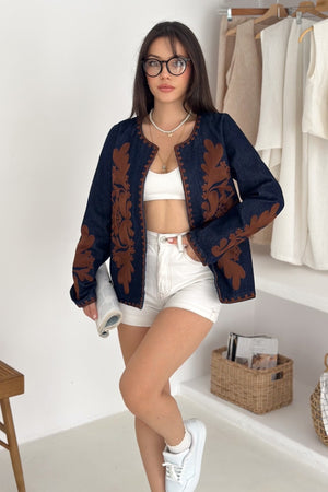Kadın Lacivert Vintage Nakışlı Kot Denim Ceket - Kahverengi