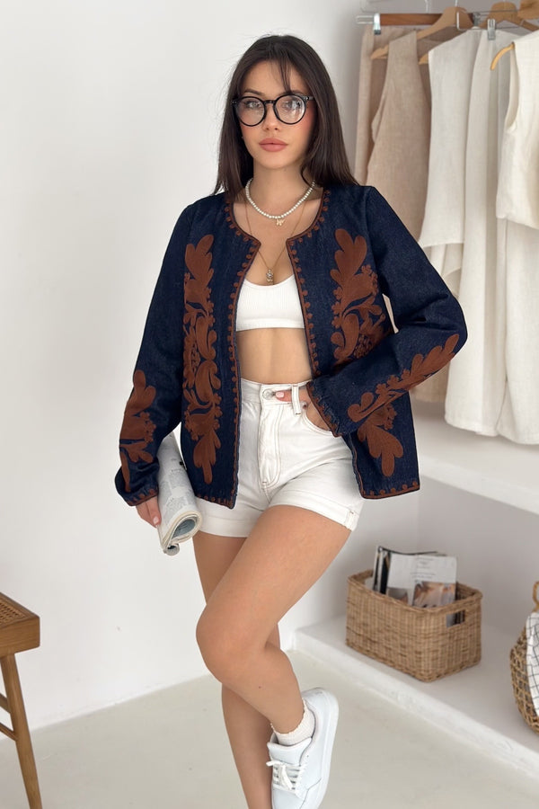 Kadın Lacivert Vintage Nakışlı Kot Denim Ceket - Kahverengi