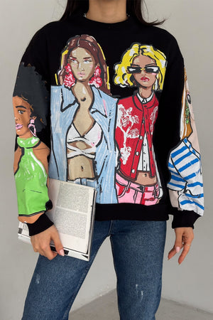 Kadın 3 İplik Şardonlu Baskılı Oversize Pamuk Sweatshirt - Siyah