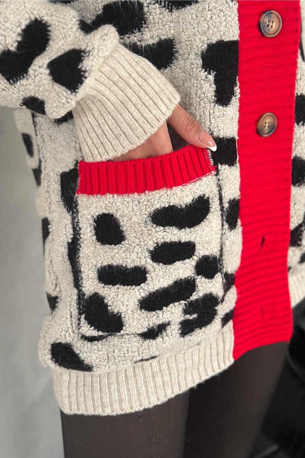 Kadın Standart Beden Leopar Desen Düğmeli Oversize Triko Hırka - Bej