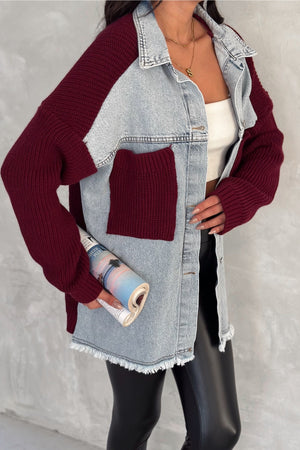 Kadın Kolları Ve Cebi Trikolu Oversize Denim Kot Garnili Hırka - Bordo