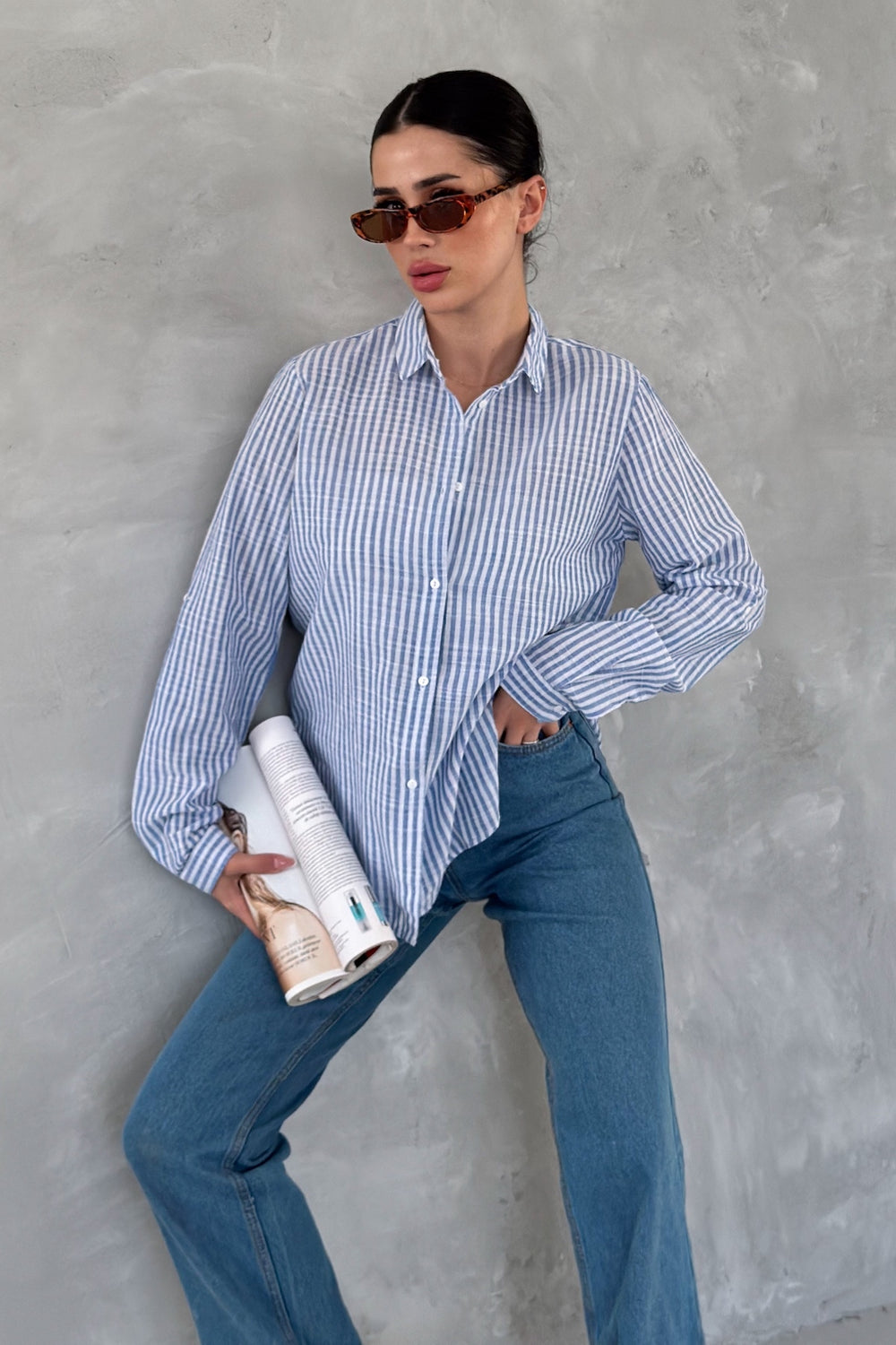 Kadın Çizgili Slim Fit %100 Pamuk Gömlek - Mavi