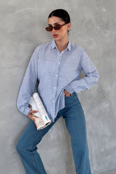 Kadın Çizgili Slim Fit %100 Pamuk Gömlek - Mavi