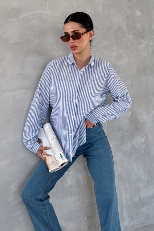 Kadın Çizgili Slim Fit %100 Pamuk Gömlek - Mavi