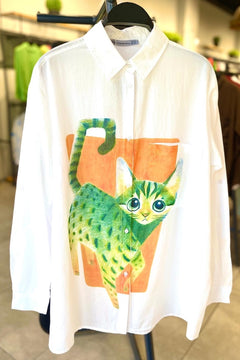 Kadın Kedi Baskılı %100 Pamuk Oversize Gömlek ( 1 Beden Ufak Tercih Ediniz ) - Beyaz