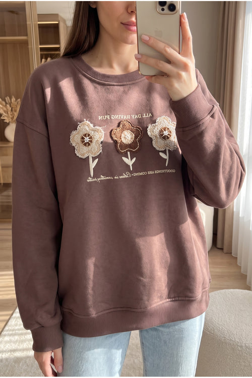 %100 Pamuk Boncuk İşlemeli Sweatshirt - Kahverengi