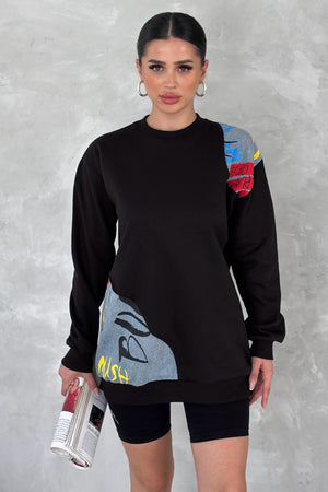 Kadın Beyaz Şardonlu Tasarım Kot Detaylı Sweatshirt - Siyah