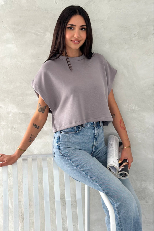 Kadın Antrasit Yuvarlak Yaka Modal Kumaş Basic T-shirt - Gri
