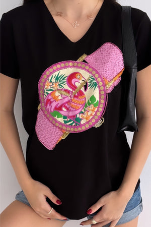 Kadın V Yaka Flamingo Saat Pul Payet İşlemeli %100 Pamuk Tişört - Siyah