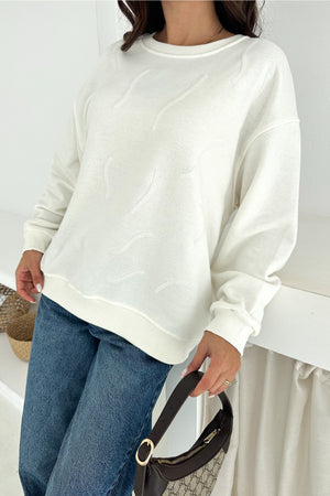 Kadın Boncuk İşlemeli %100 Pamuk Sweatshirt - Beyaz