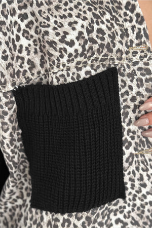 Kadın Standart Beden Leopar Desen Kolları Ve Cebi Trikolu Oversize Denim Kot Garnili Hırka - Kahverengi