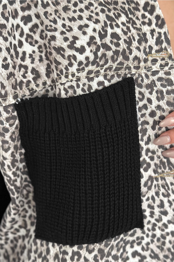 Kadın Standart Beden Leopar Desen Kolları Ve Cebi Trikolu Oversize Denim Kot Garnili Hırka - Kahverengi