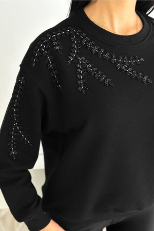 Boncuk Ve Pul İşlemeli %100 Pamuk Sweatshirt - Siyah