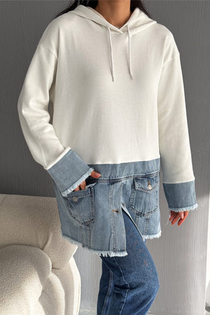 Kadın Kapüşonlu Kot Denim Detaylı Düğmeli Tasarım Sweatshirt - Beyaz